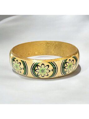 Vintage Brass Bangle Bracelet With Green Floral Design 2.62" Diameter 0.75" Widt